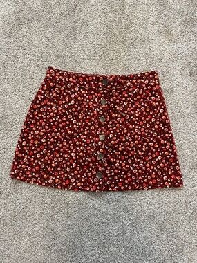 Maroon Floral Button-Front Corduroy Mini Skirt